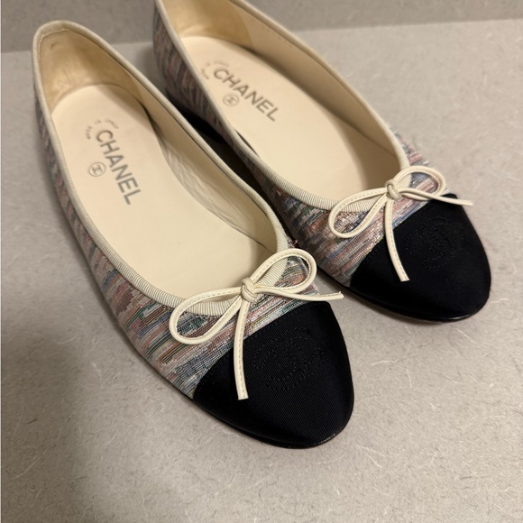 Womens Auth Chanel Multicolor Bow Tie Ballet Ballerina Flat, Size 38.5 - Picture 1 of 16